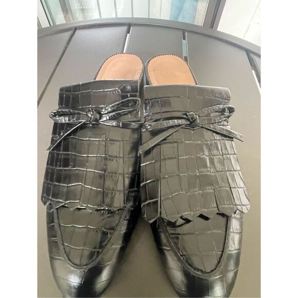 JCrew Leather Croc Embossed Slip on Mule Black Tassel size 8 - Picture 12 of 16